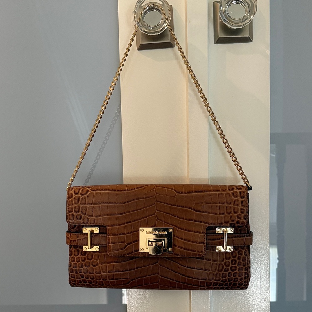 Michael Kors Brown Croc-Embossed Shoulder Bag with Gold Hardware